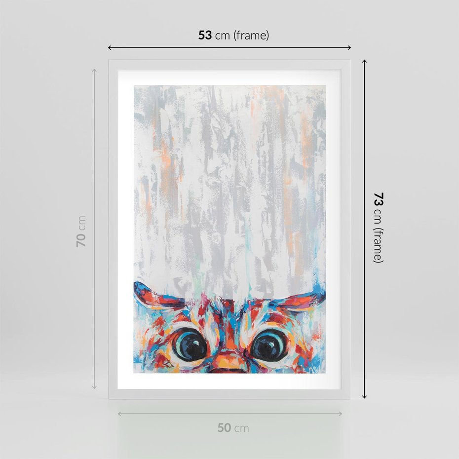 Plakat w ramie 50x70 - Co ja Widzę - obraz olejny, śmieszny obraz kota - rama biała