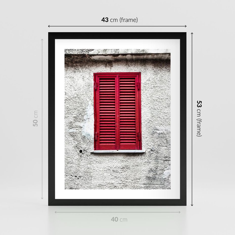 Plakat w ramie 40x50 - Okno z Czerwonymi Okiennicami - stare okno, kamienica - rama czarna