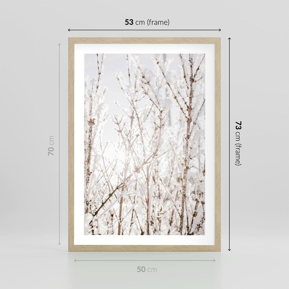Plakat w ramie 50x70 - Szron na Gałęziach - ośnieżone gałązki, szron na gałęziach - rama drewno