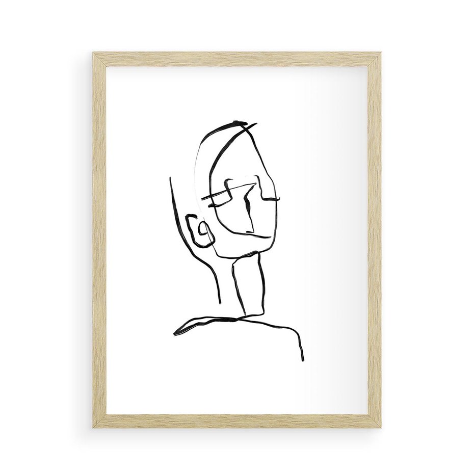 Plakat w ramie 50x70 - Migotliwe Widzenia - szkic twarzy, minimalistyczny niewyraźny - rama drewno