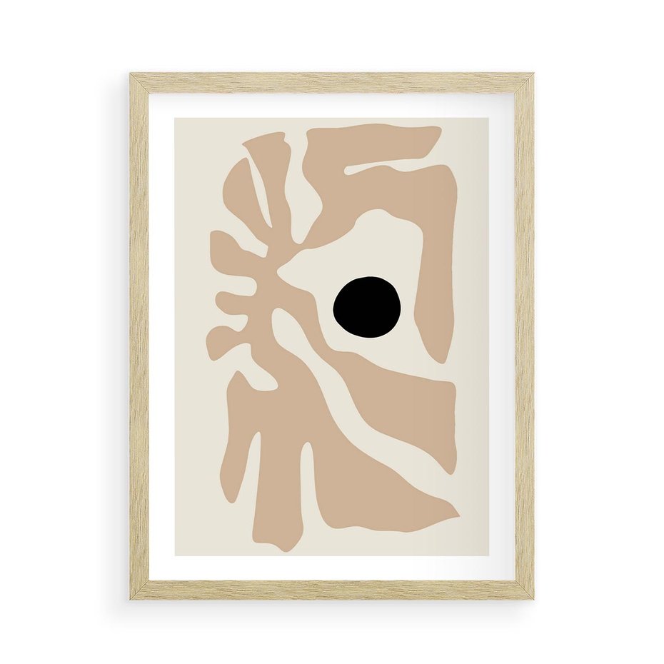 Plakat w ramie 50x70 - Eksploracja Abstrakcji - beżowa absrakcyjna kompozycja, czarny akcent - rama drewno