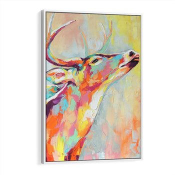 Obraz w ramie 80x120 - Impresje snów malarza - kolorowy olejny obraz, jeleń ryczący na rykowisku - rama biała