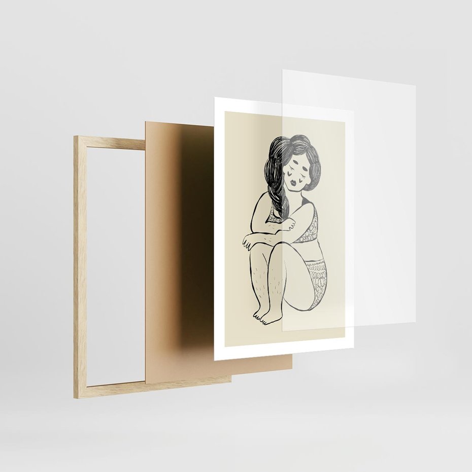 Plakat w ramie 50x70 - Migotliwe Refleksje - nowoczesny minimalistyczny rysunek, dziewczyna w bieliźnie - rama drewno