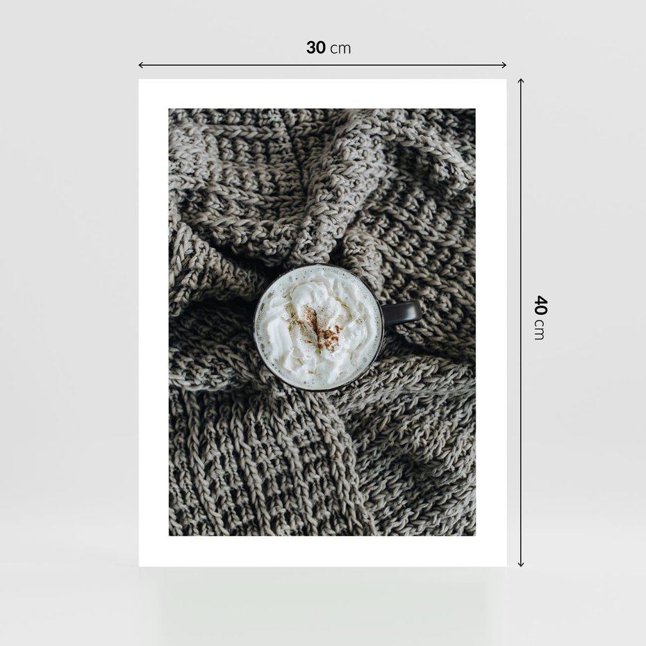 Plakat bez ramy 30x40 - Relaks z Kawą i Kocem - ciepły wełniany koc, kawa z bitą śmietaną