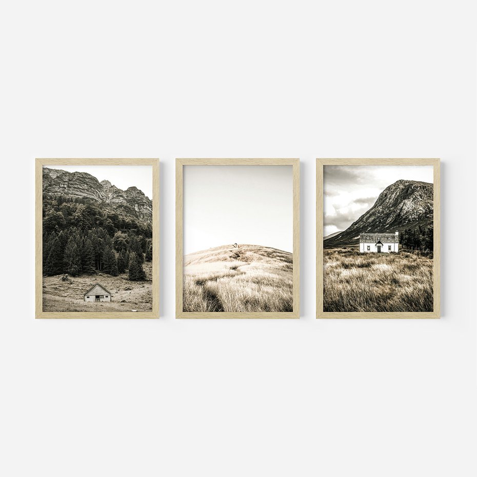 Zestaw obrazy w ramie 30x40 galeria - Górskie, domki, łąki, sepia - rama drewno