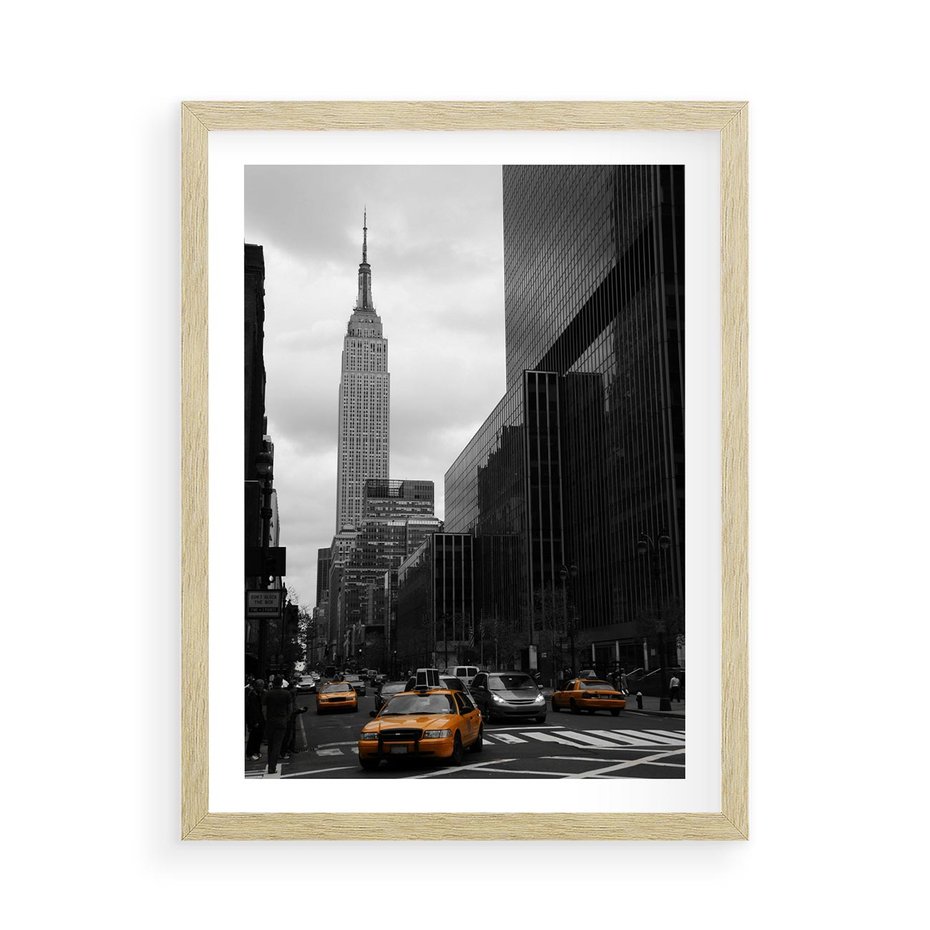 Plakat w ramie 50x70 - Nowy York, taksówka w ruchu - Nowy York, taksówka - rama drewno
