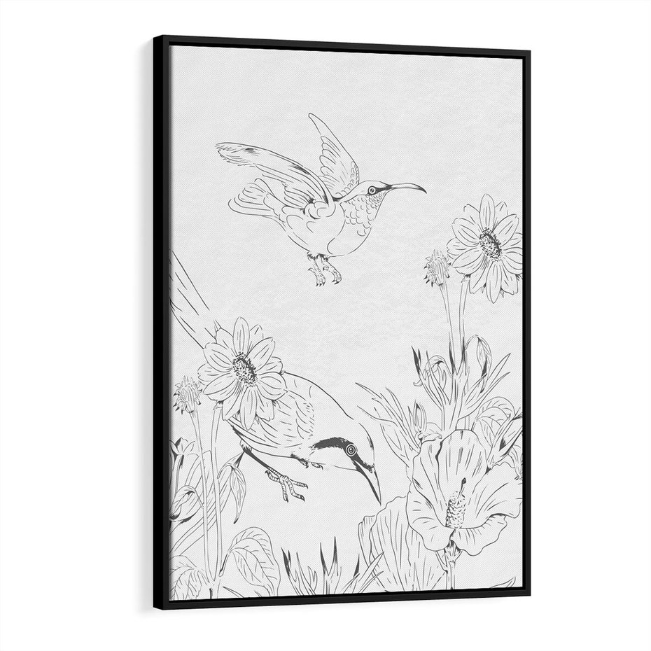 Obraz w ramie 50x70 - Tropiki w Monochromie - czarno biały szkic, tropikalne ptaki - rama czarna