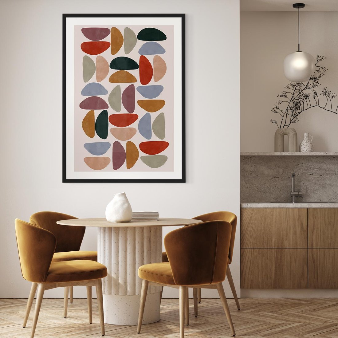 Plakat w ramie 40x50 - Kolorowe Echo Boho - abstrakcyjny obraz, geometryczna kompozycja - rama czarna