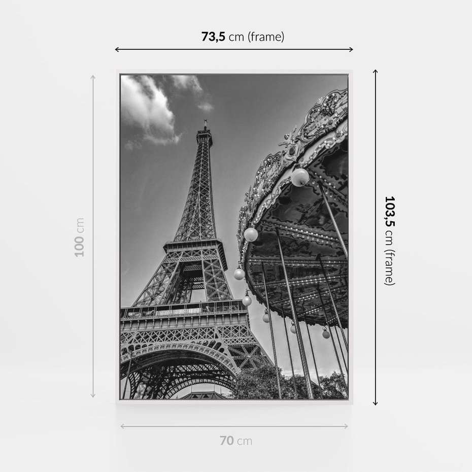 Obraz w ramie 70x100 - Zabawa w Paryżu - czarno białe zdjecie, wieża eiffla - rama biała