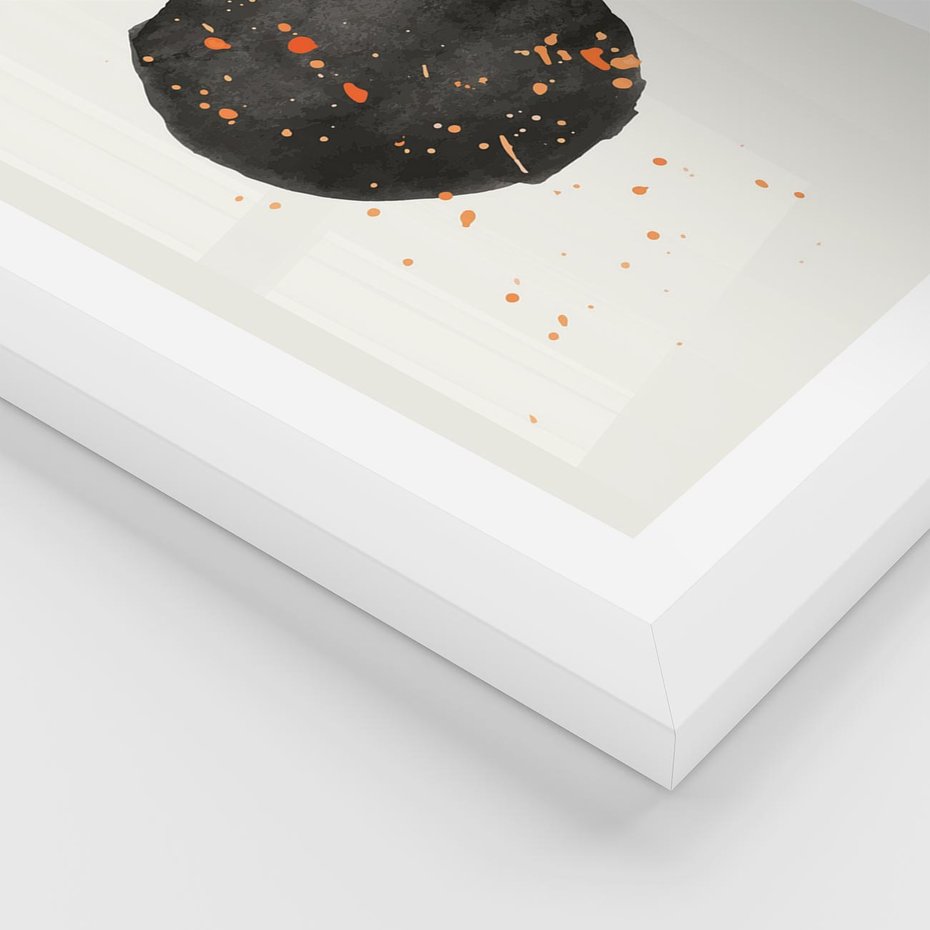 Plakat w ramie 50x70 - Wibracje Kolorów - abstrakcyjna czarna plama, rozsiane pomarańczowe kropki - rama biała