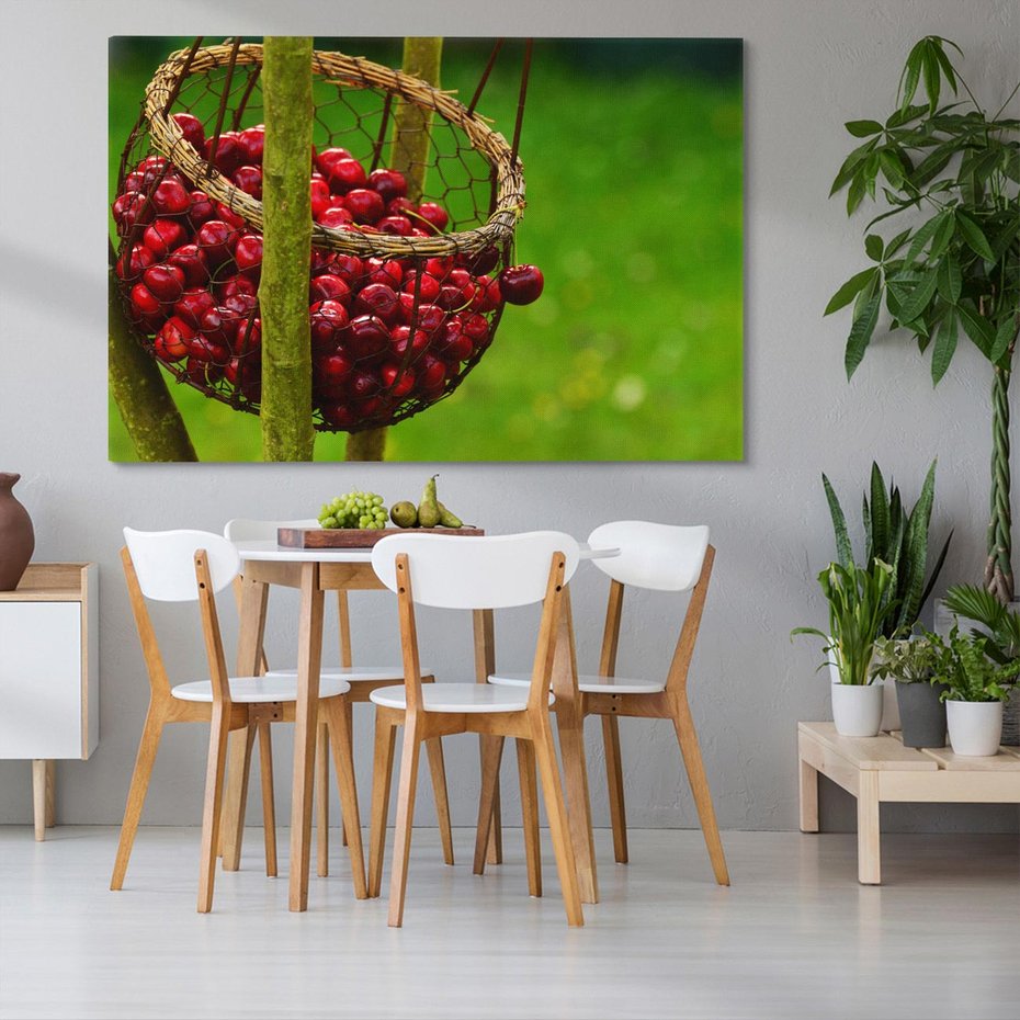 Obraz na płótnie 120x80 - Czereśnie w Koszyku Owocowy Skarb - czereśnie, koszyk