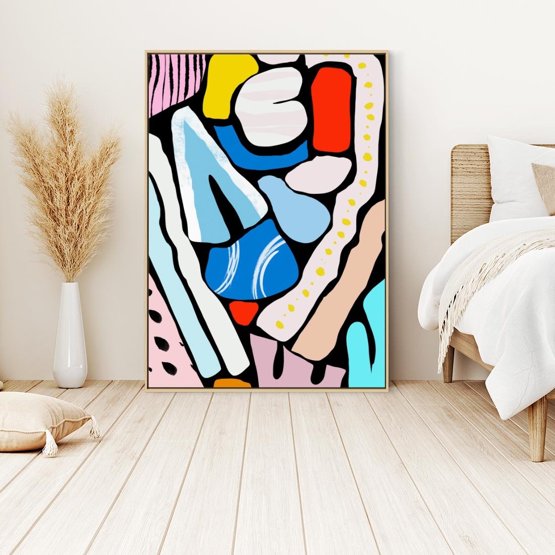 Obraz w ramie 70x100 - Kolory Na Czerni - abstrakcyjne formy, komiksowy styl - rama drewno