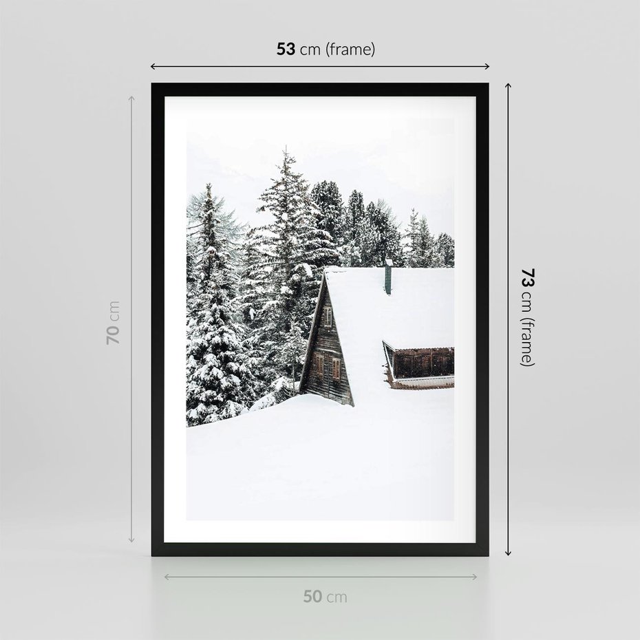 Plakat w ramie 50x70 - Zimowy Urok - śnieg, domek w górach - rama czarna