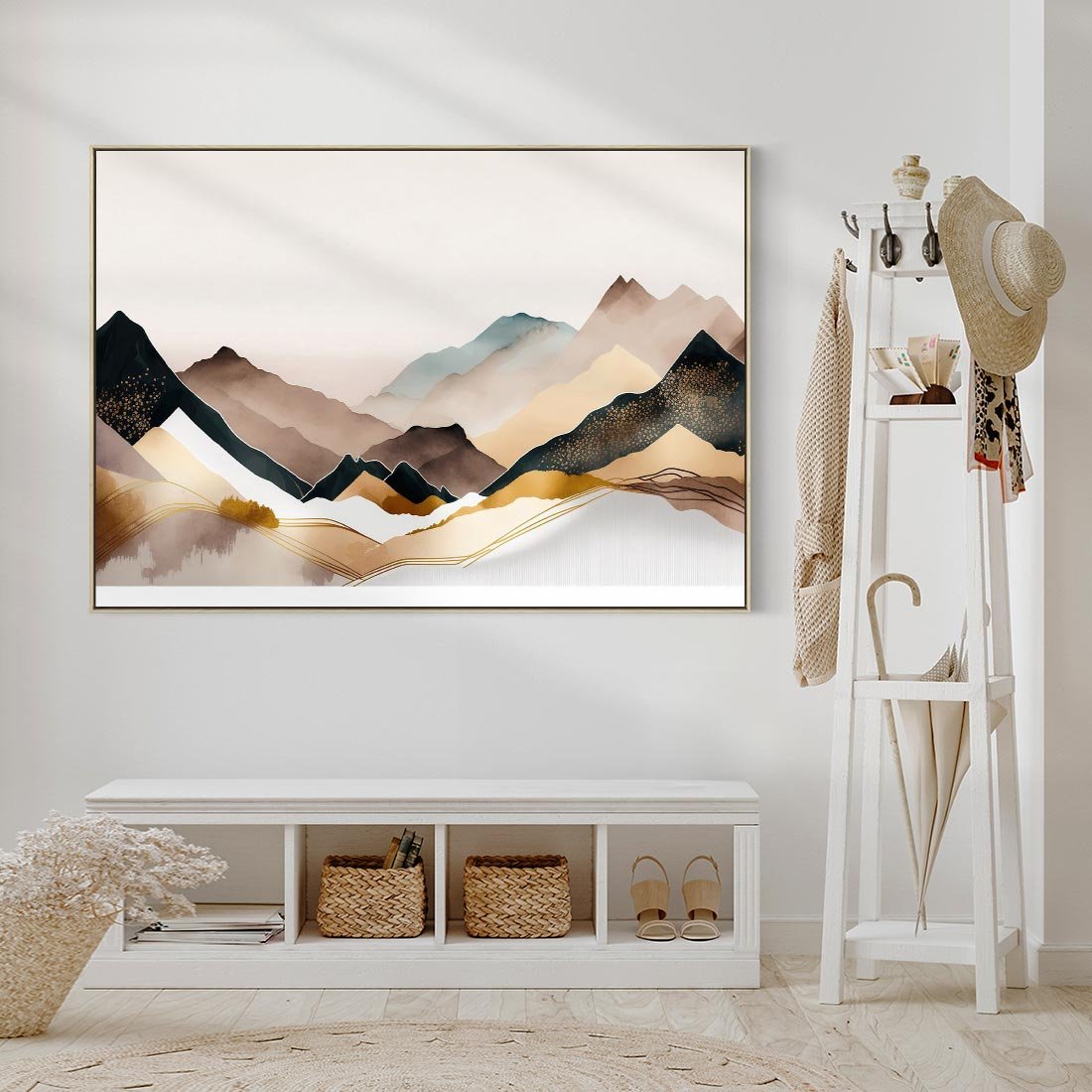 Obraz w ramie 70x50 - Góry Tonące w Pastelach - złote pastelowe góry, akwarela - rama drewno