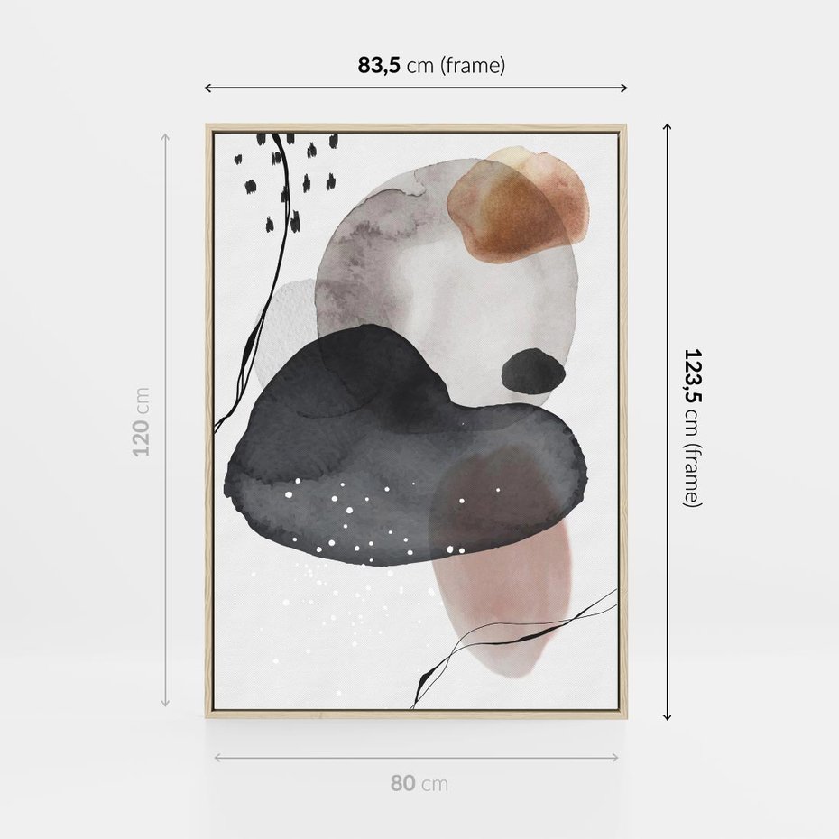 Obraz w ramie 80x120 - Impresje Harmonii - abstrakcyjne plamy akwarelowe, czarny szkic - rama drewno