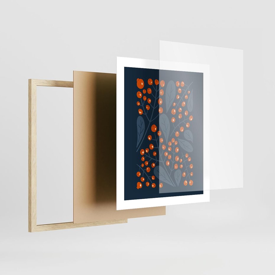 Plakat w ramie 40x50 - Symfonia liści i owoców - granatowe tło, pomarańczowe owoce jarzębiny - rama drewno
