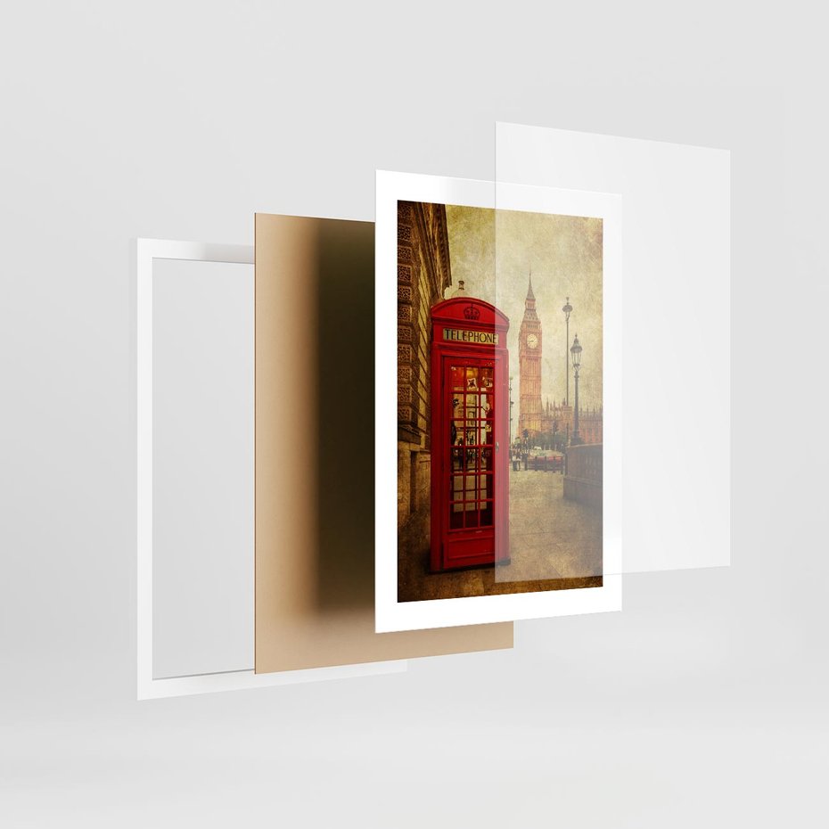 Plakat w ramie 30x40 - Ikoniczna budka telefoniczna w Londynie - sepia, budka - rama biała