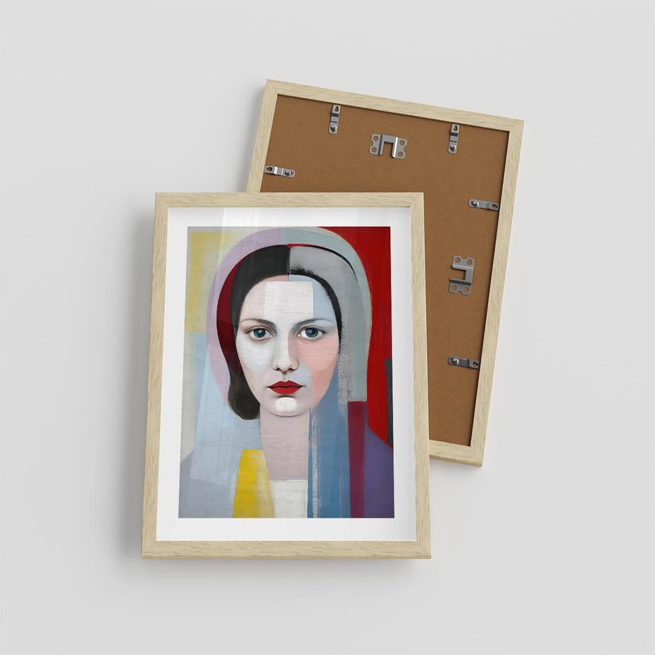 Plakat w ramie 30x40 - Kolorowe Granice Form - abstrakcyjny obraz olejny, portret twarzy kobiety - rama drewno