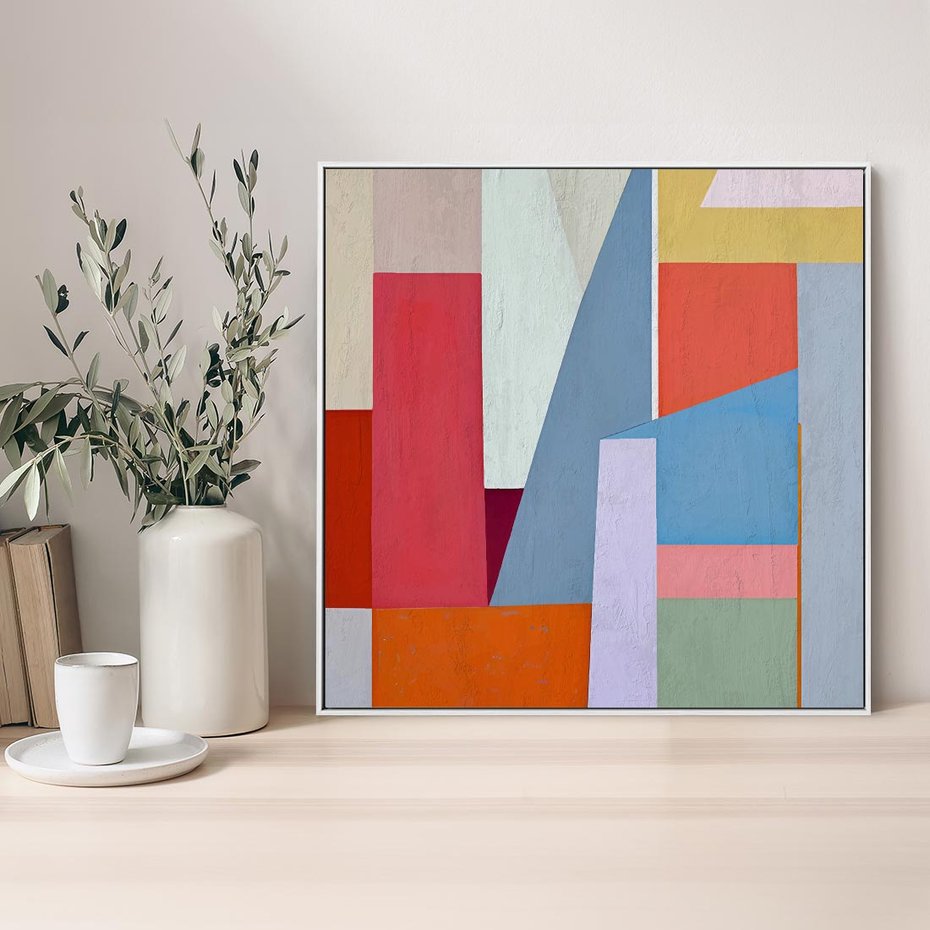 Obraz w ramie 50x50 - Migotliwe Nastroje Kształtów - różne geometryczne formy, olejny obraz - rama biała