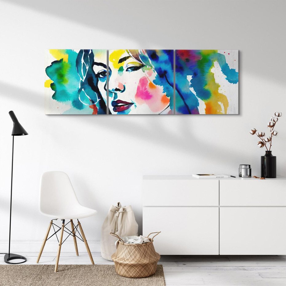 Obraz na płótnie 120x40 - Abstrakcyjna ekstaza barw - abstrakcyjny portret kobiety, szkic czarną kreską