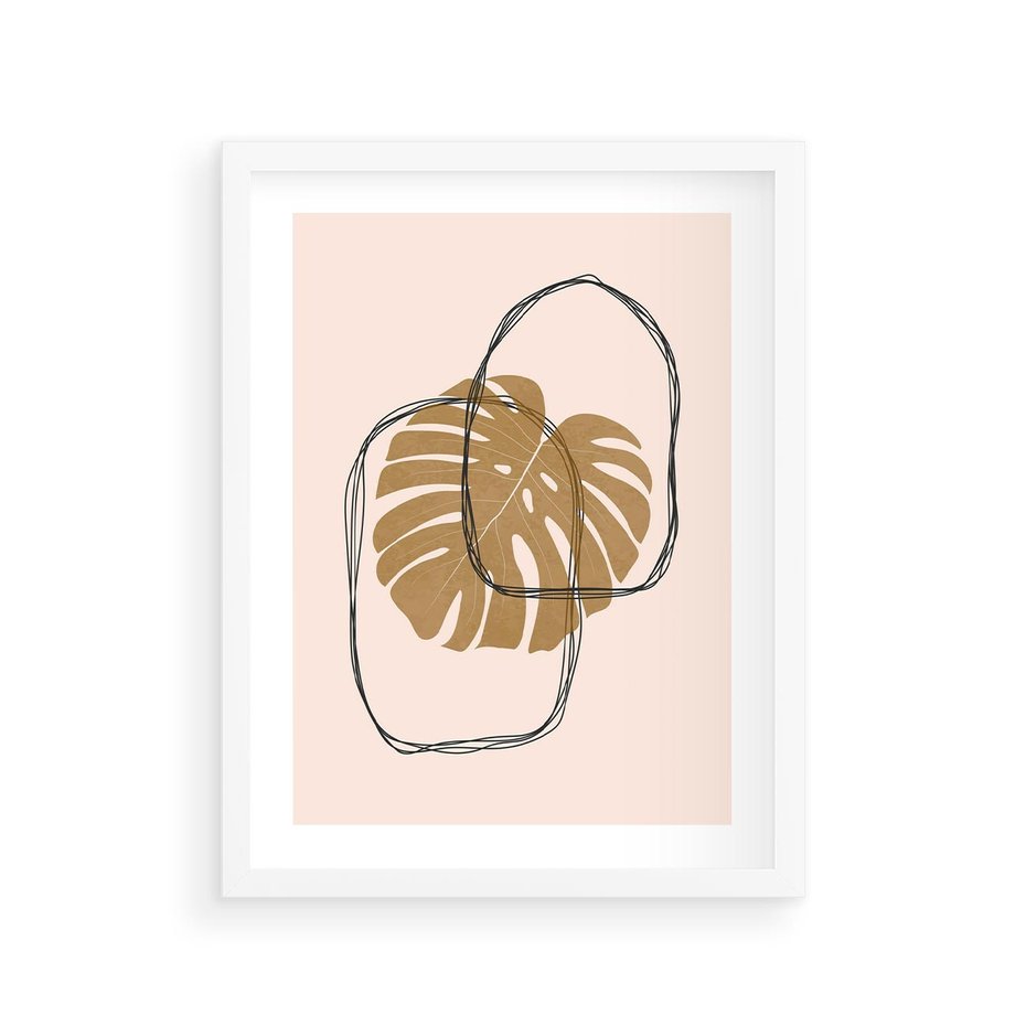 Plakat w ramie 30x40 - Liście w Beżowym Minimalizmie - minimalistyczny obraz, liście monstery - rama biała