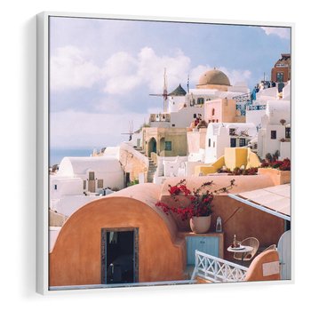 Obraz w ramie 50x50 - Błękit Morza i Białe Domki - Santorini, wyspa - rama biała