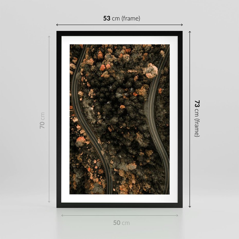 Plakat w ramie 50x70 - Las i Droga w Kolorach Jesieni - droga, ujęcie z góry - rama czarna