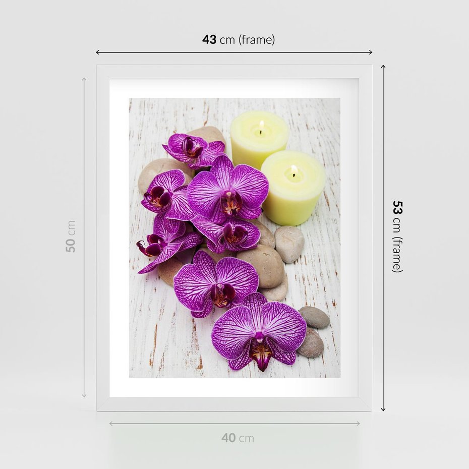 Plakat w ramie 40x50 - Relaksujące spa w otoczeniu orchidei - spa, świece - rama biała