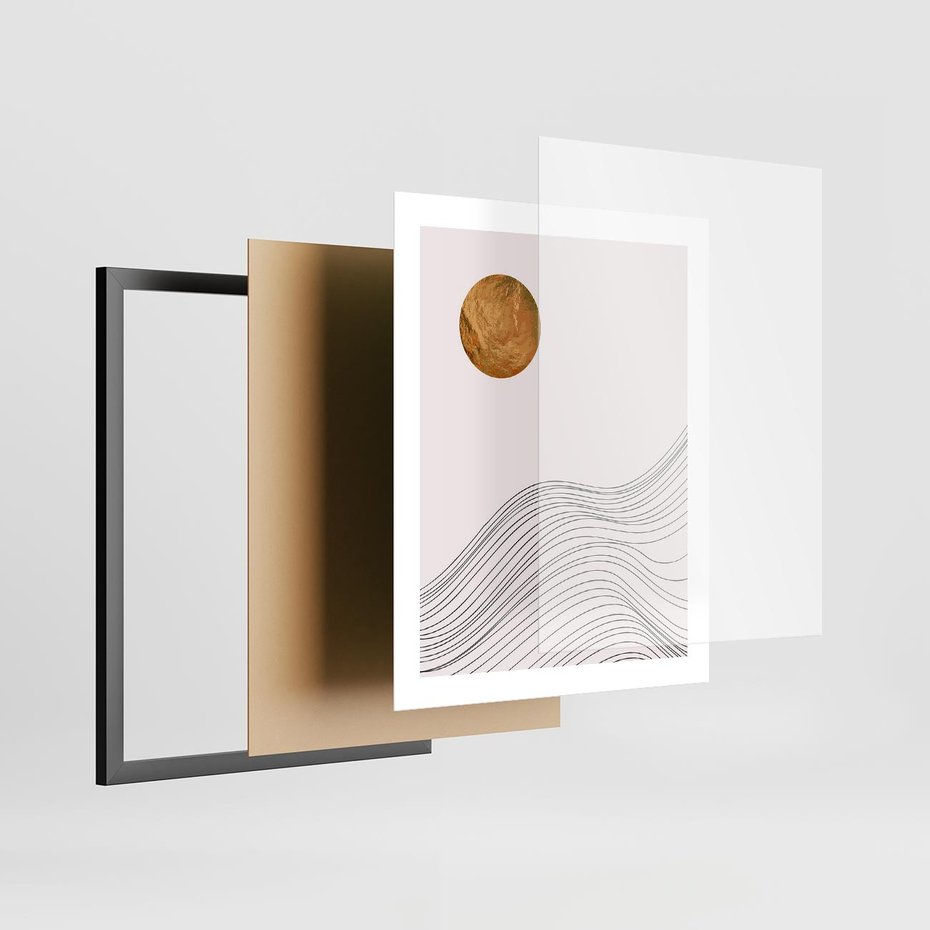 Plakat w ramie 40x50 - Minimalistyczne Słońce: Blask i Złoto - grafika, minimalizm - rama czarna