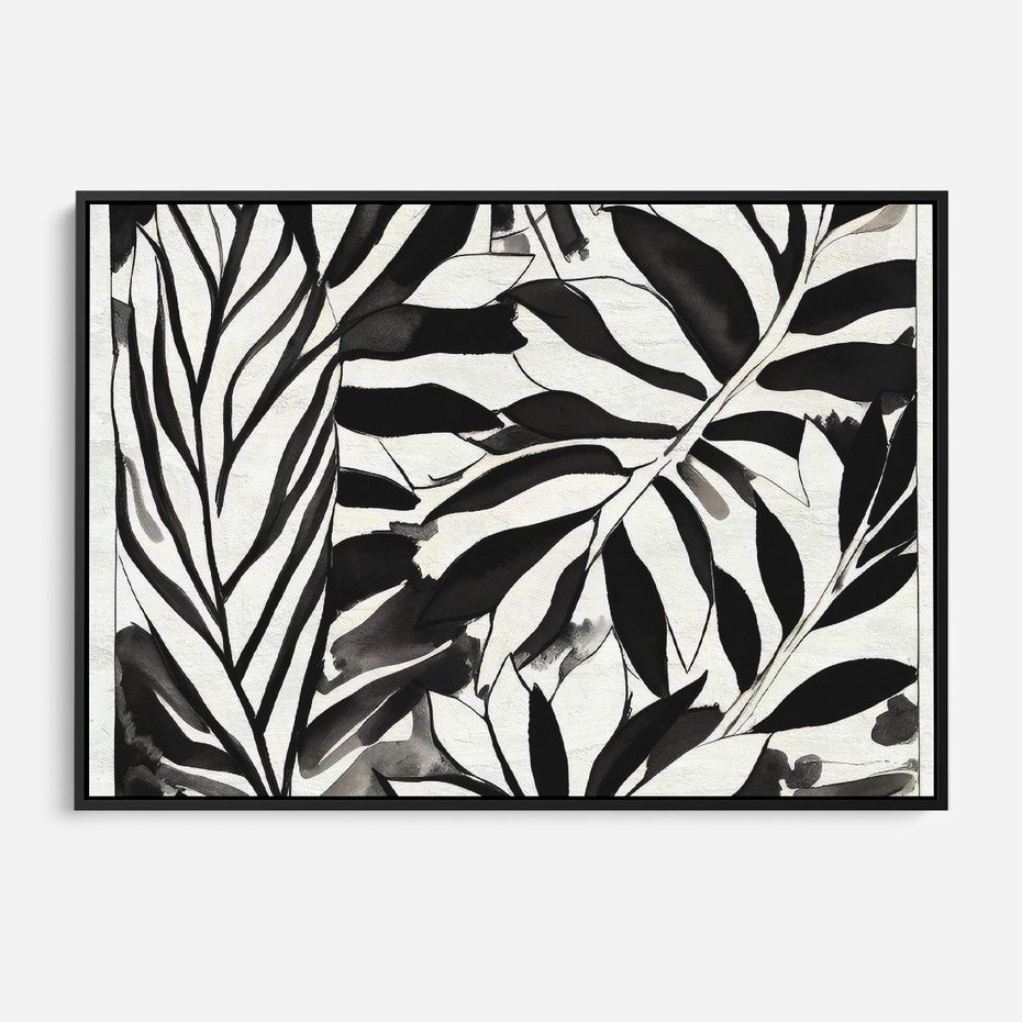 Obraz w ramie 70x50 - Czarne Liście - akwarelowy obraz, czarno biały - rama czarna