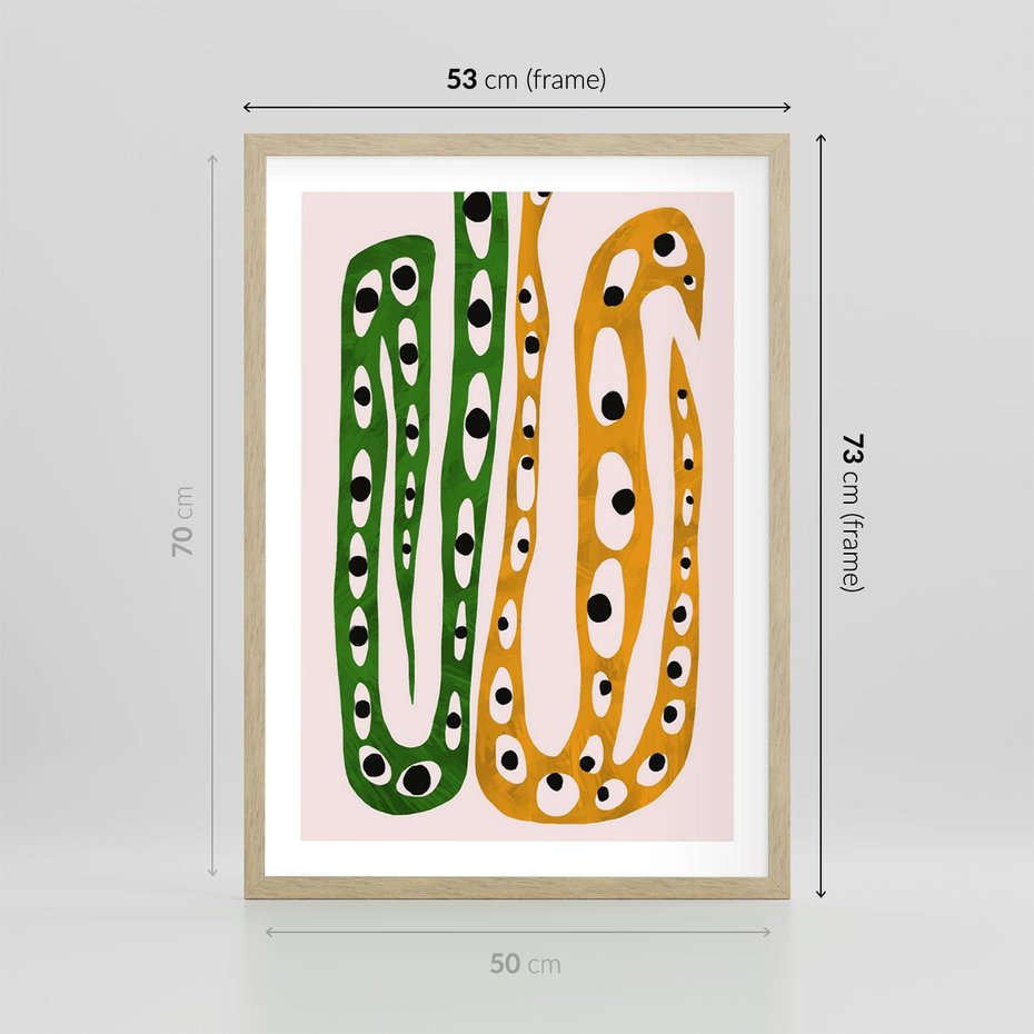 Plakat w ramie 50x70 - Migocące Zmaganie - abstrakcyjny obraz, dziwne kształty - rama drewno