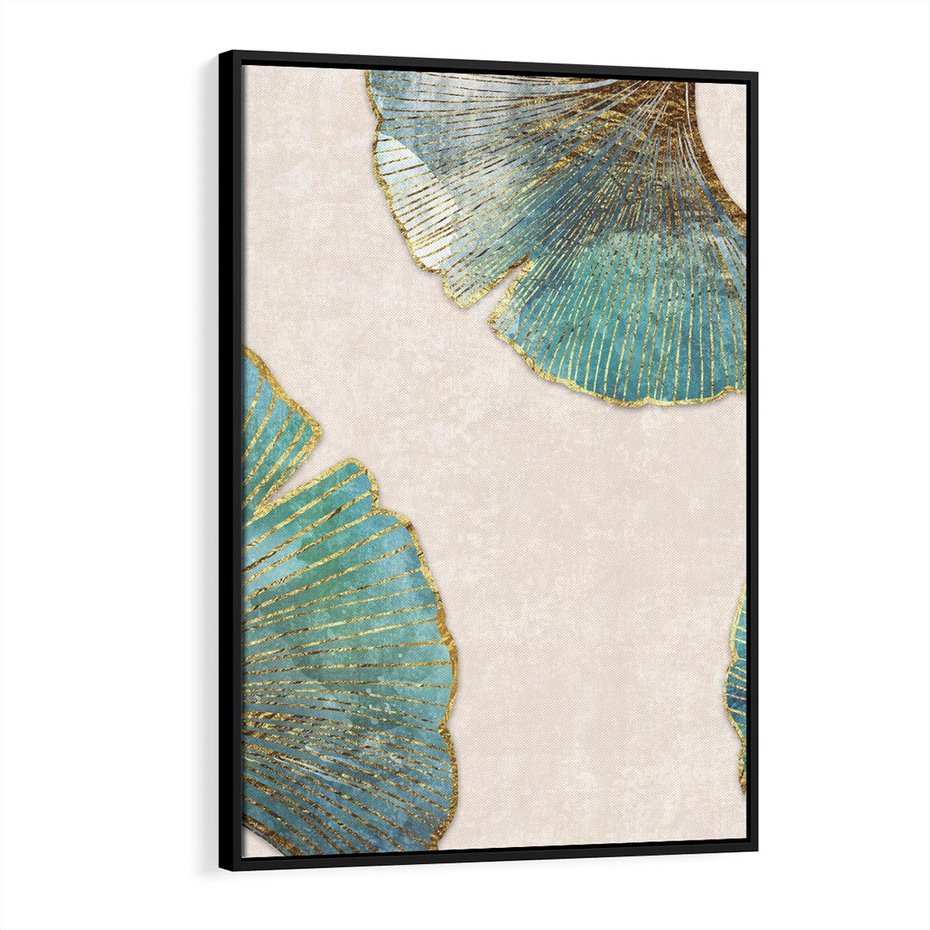 Obraz w ramie 70x100 - Złota Melodia Liści - złote, turkusowe liście miłorzębu - rama czarna