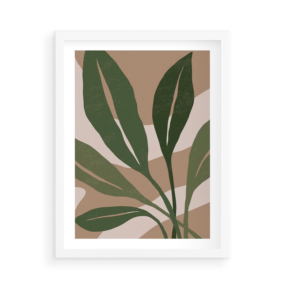 Plakat w ramie 50x70 - Nowoczesność Natury: Plakat z Zielonymi Liśćmi - nowoczesny plakat, beż - rama biała