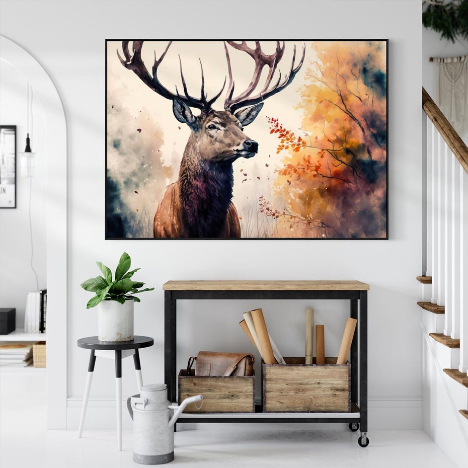 Obraz w ramie 100x70 - Jesienny Monarcha Lasu - grafika komputerowa, na podstawie obrazu - rama czarna