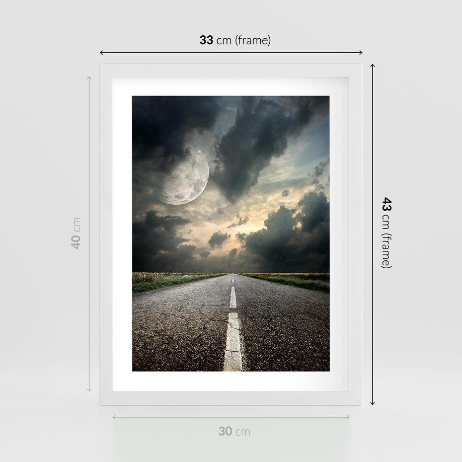 Plakat w ramie 30x40 - magia nocnej drogi - droga, księżyc - rama biała