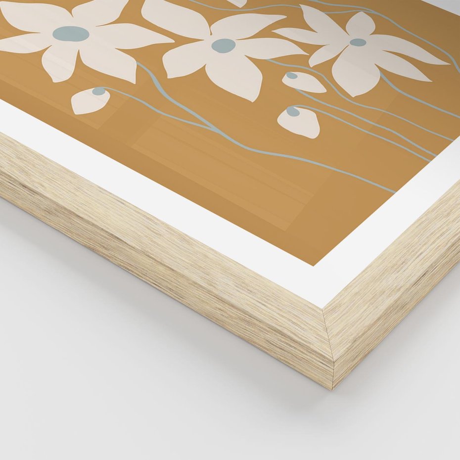 Plakat w ramie 40x50 - Kwiatowy Spektakl - minimalistyczne kwiaty, na pomarańczowym tle - rama drewno