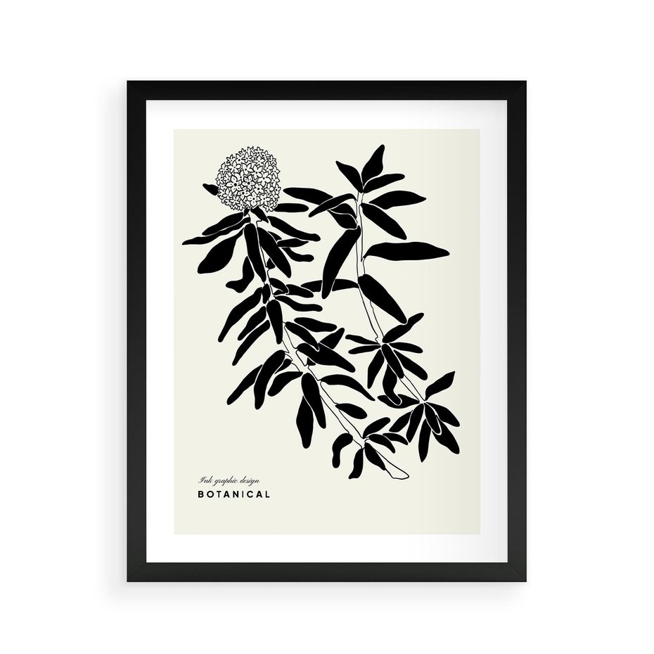 Plakat w ramie 40x50 - Szept kwiatowej wyobraźni - czarno biała grafika, roślinność - rama czarna