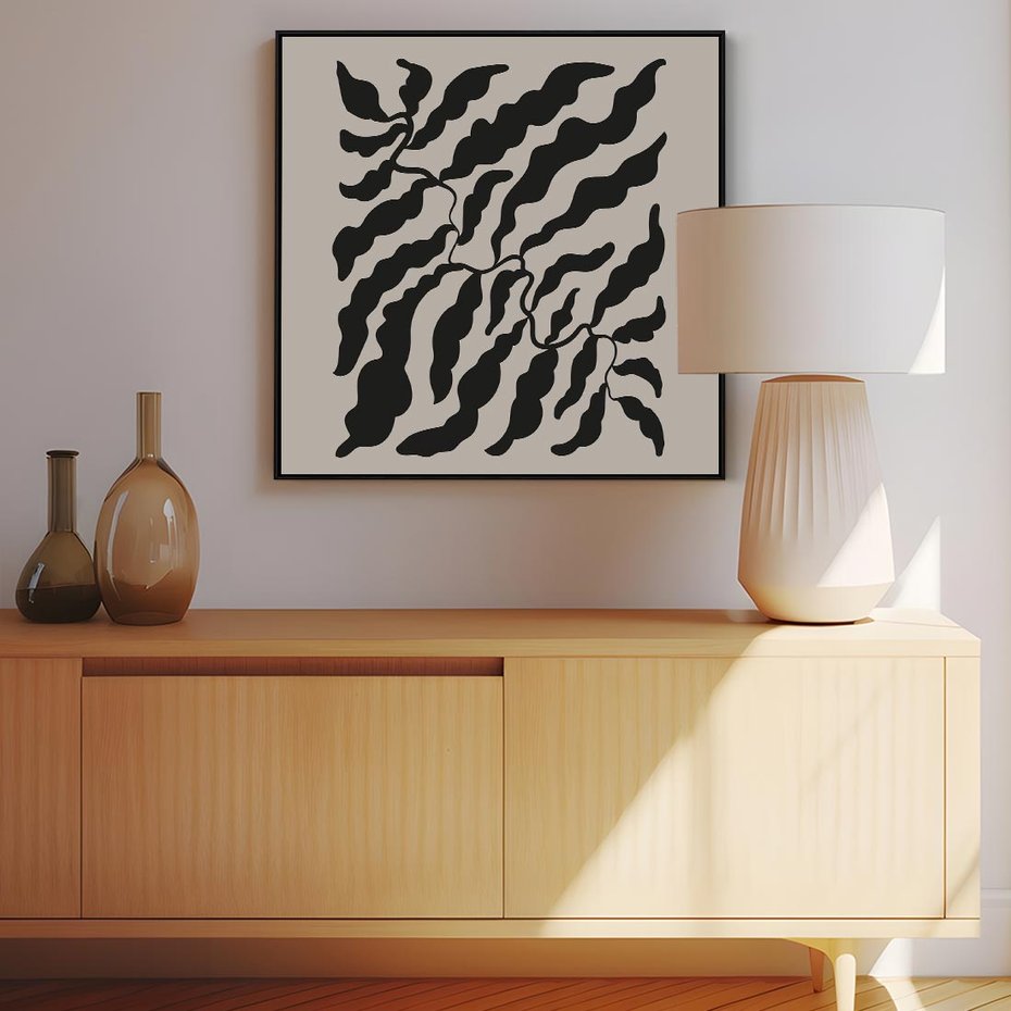 Obraz w ramie 50x50 - Księga Odbić - abstrakcyjne liśćie, roślinne motywy - rama czarna