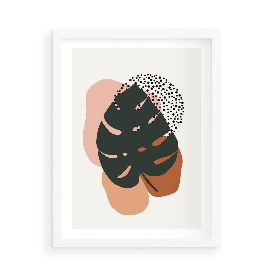 Plakat w ramie 50x70 - Minimalizm w Liściach Monstery: Plamy i Kropki - minimalizm, monstera plamy - rama biała