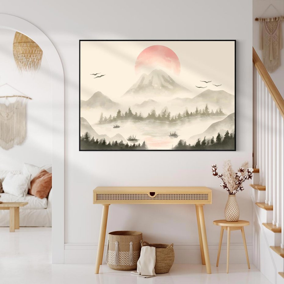 Obraz w ramie 100x70 - Przyroda Japonii - japońska akwarela, góry - rama czarna