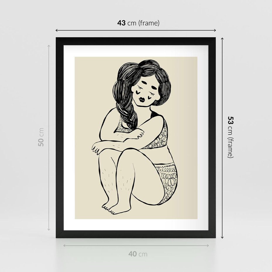 Plakat w ramie 40x50 - Migotliwe Refleksje - nowoczesny minimalistyczny rysunek, dziewczyna w bieliźnie - rama czarna
