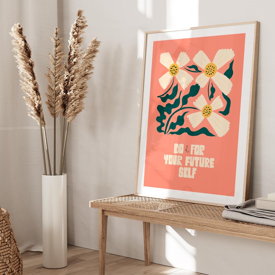 Plakat w ramie 50x70 - Mgliste Refleksje - nowoczesny plakat, różowe tło - rama drewno