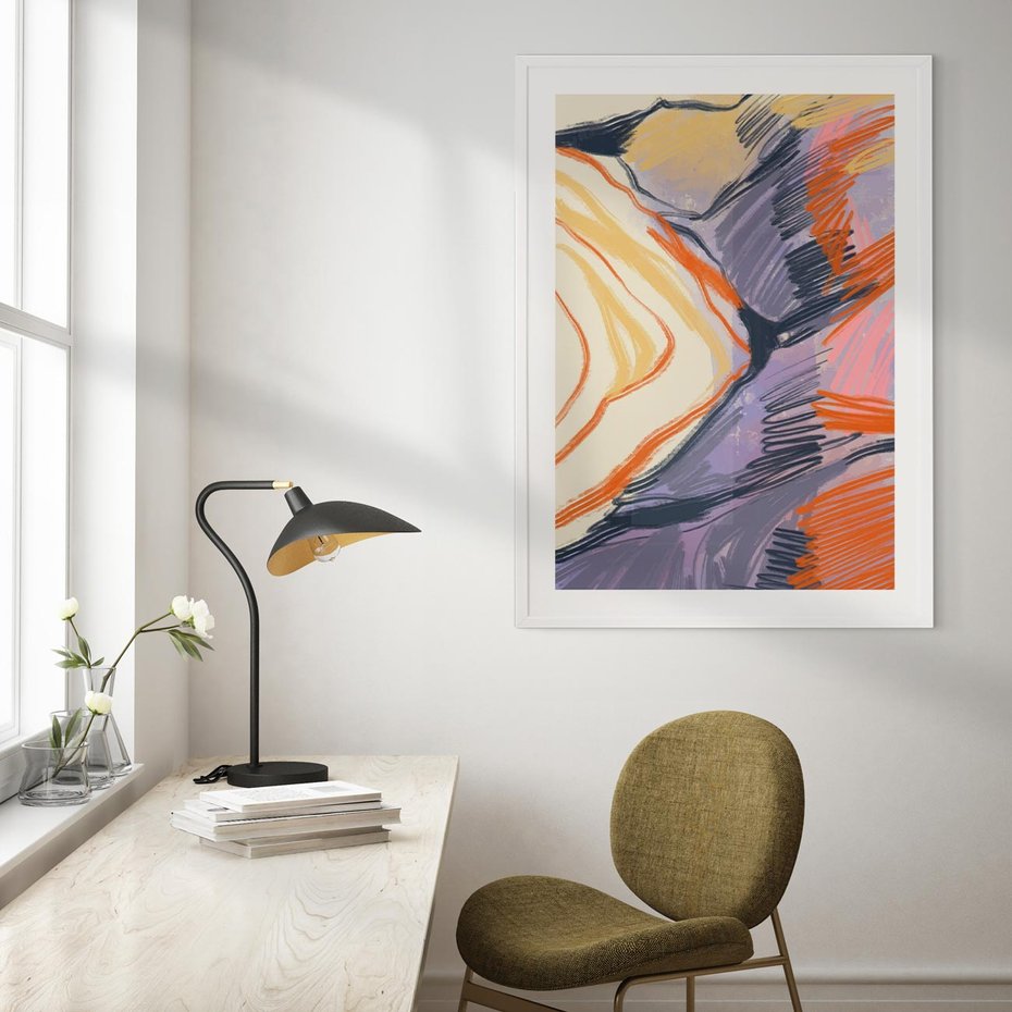 Plakat bez ramy 21x30 - Pokreślony Świat - abstrakcyjne formy, odcienie pomarańczu i fioletu