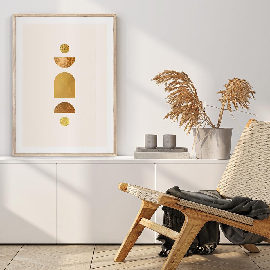 Plakat w ramie 30x40 - Abstrakcyjne Wzory - geometryczne złote kształty, tekstura - rama drewno