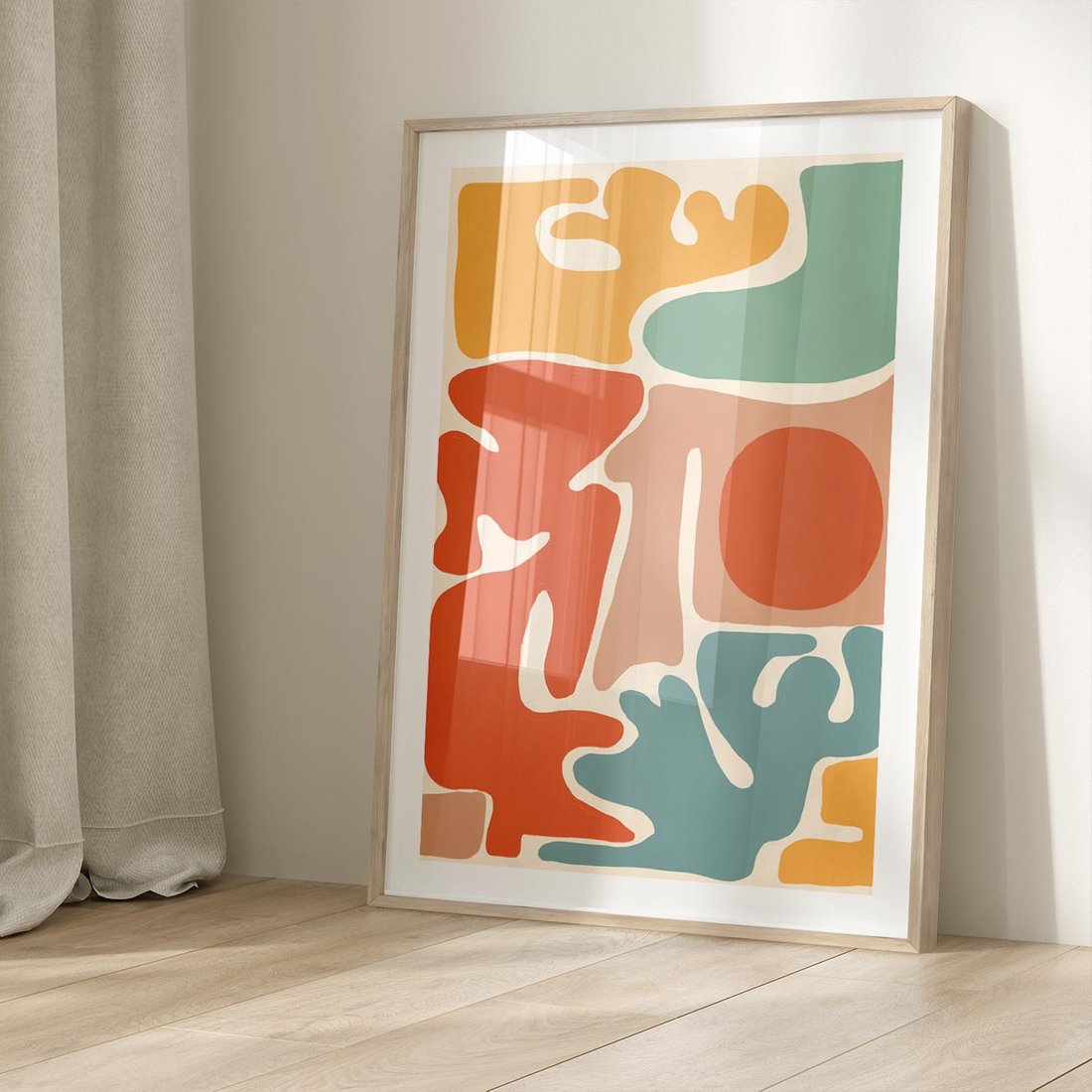 Plakat w ramie 40x50 - Pastelowa Symfonia Kształtów - abstrakcyjne kolorowe formy, pastelowe kolory - rama drewno