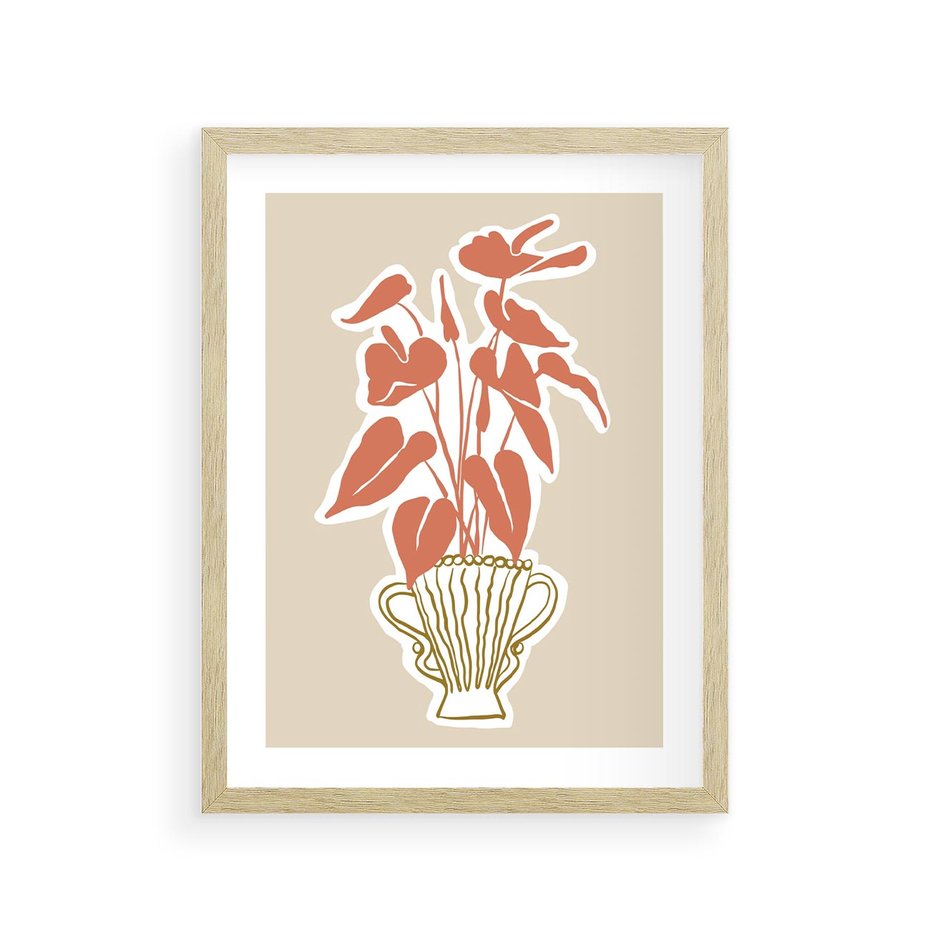 Plakat w ramie 30x40 - Harmonijne Echa - abstrakcyjne kwiaty liście, elegancka kompozycja - rama drewno