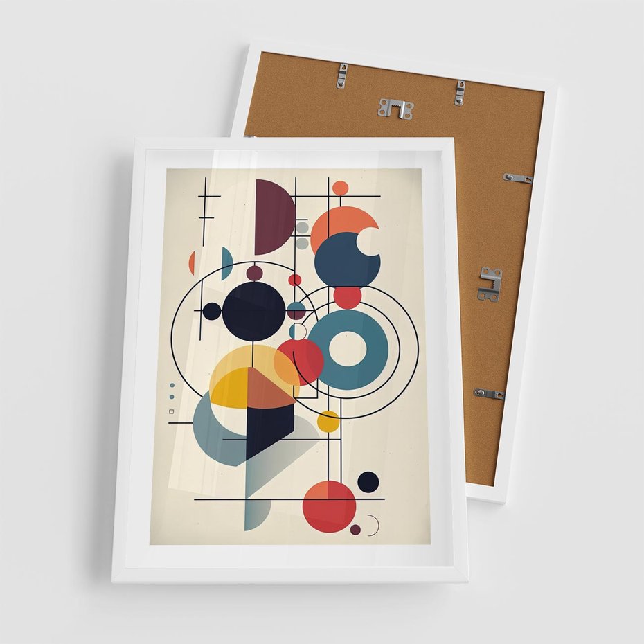 Plakat w ramie 50x70 - Rozbijające Barwne Granice - abstrakcyjna geometryczna kompozycja, koła linie - rama biała