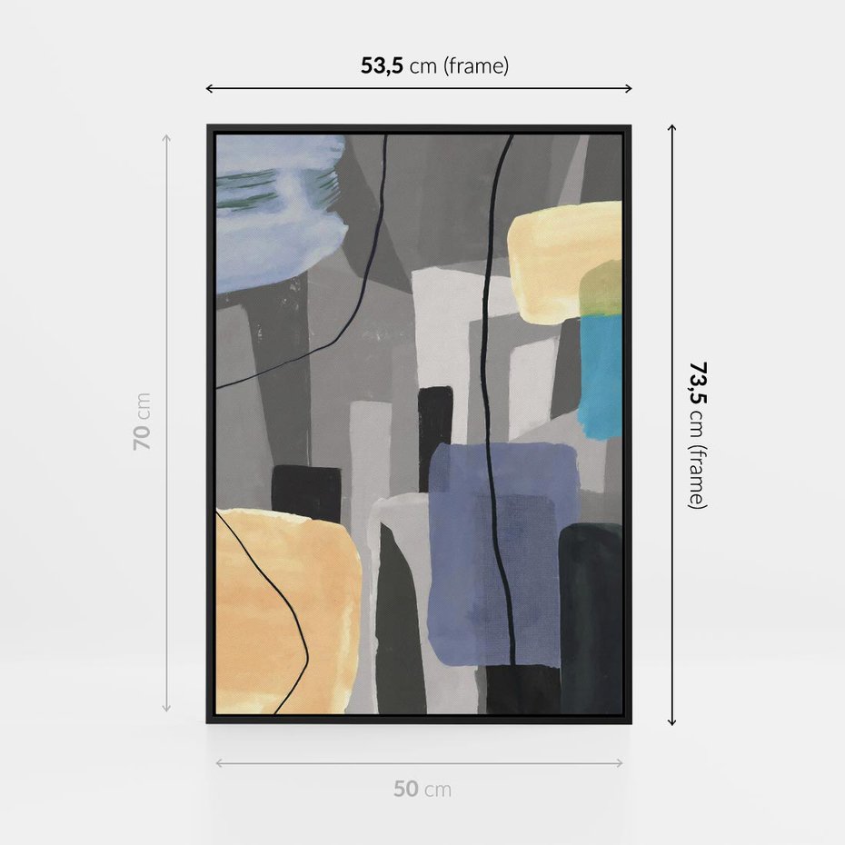 Obraz w ramie 50x70 - Harmonia w chaosie serca - abstrakcja na szarym tle, kolorowe plamy koloru - rama czarna