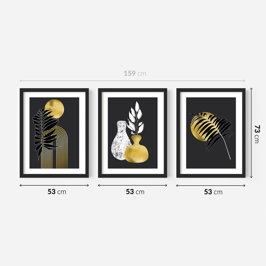 Zestaw obrazy w ramie 50x70 galeria - Złoto, liście, monstery - rama czarna