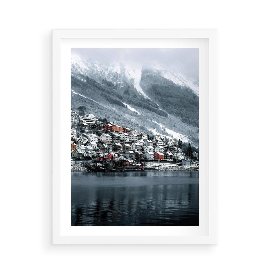 Plakat w ramie 50x70 - Skandynawia na Wzgórzach - domki na wzgórzu, skandynawia - rama biała